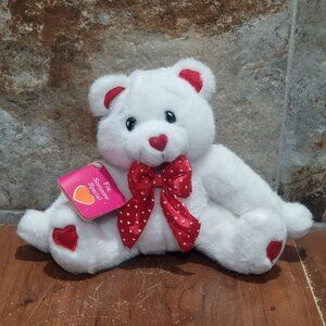 Fun World White Valentines Teddy Bear Plush Red Heart Patterned Bow